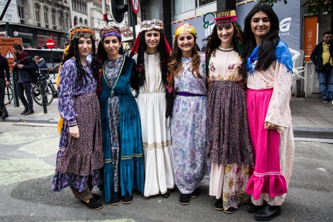 AB392437 On the occasion of the 2nd edition of the Kurdish Cultural Week in Brussels, a march with traditional costumes, music, and with a couple riding horses like done during weddings went through the center of the city.